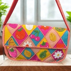 NWT - America & Beyond Beaded Daisy Cherry Summer Tropical Embellished Bag Purse
